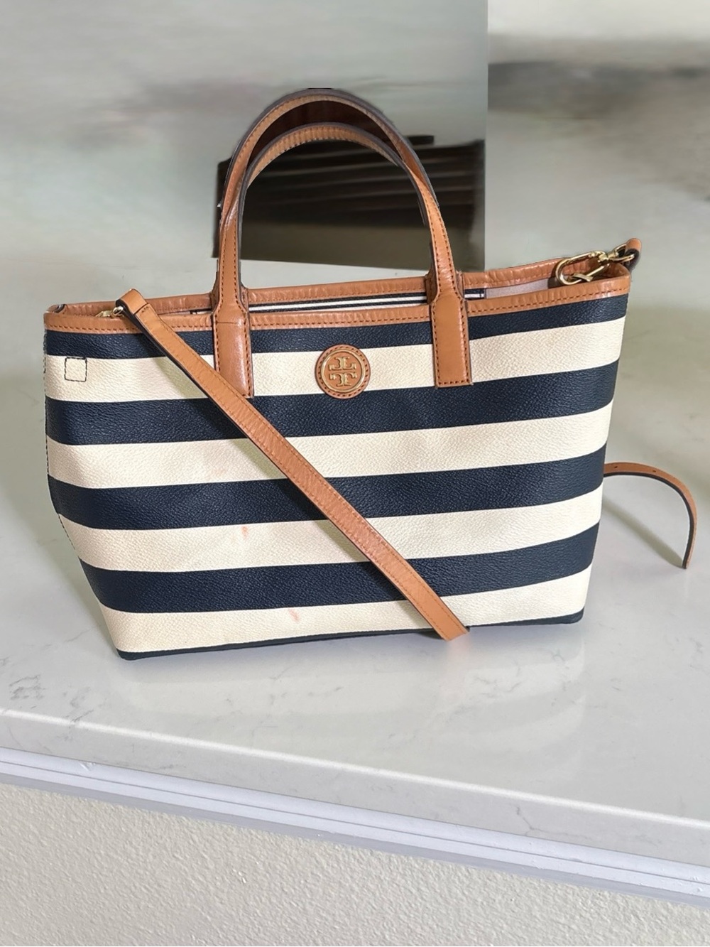 Tory Burch Navy and Cream Striped Tote with Tan Leather Accents - Picture 8 of 16
